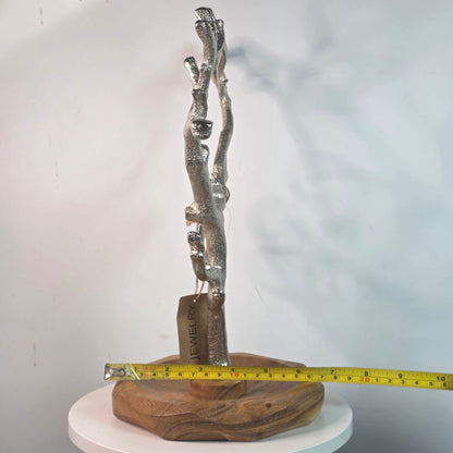 Silver Metal Jewelry Tree Stand Wooden Tray Organizer Handcrafted India