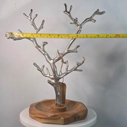 Silver Metal Jewelry Tree Stand Wooden Tray Organizer Handcrafted India