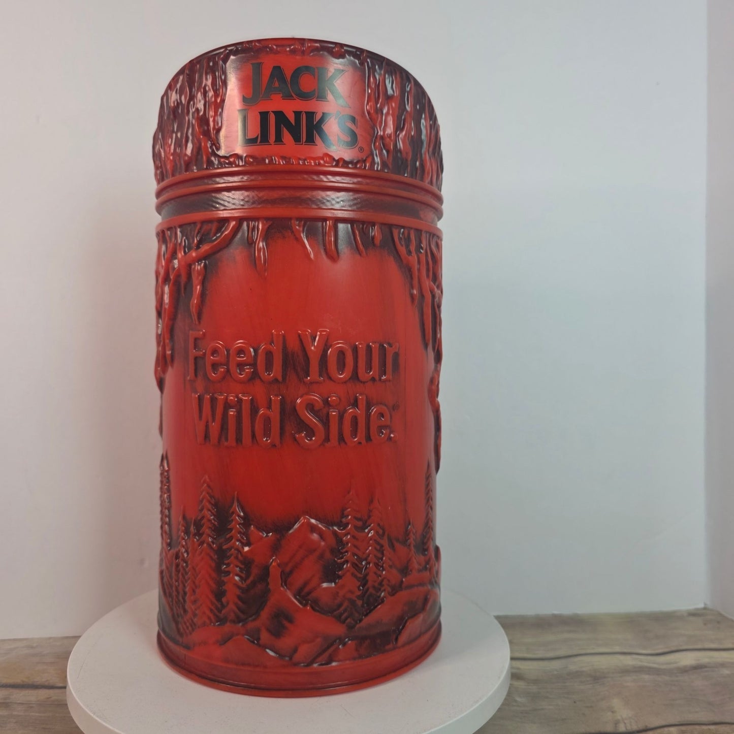 Jack Link's Beef Jerky Sasquatch Feed Your Wild Side Red Plastic Display Canister RARE!