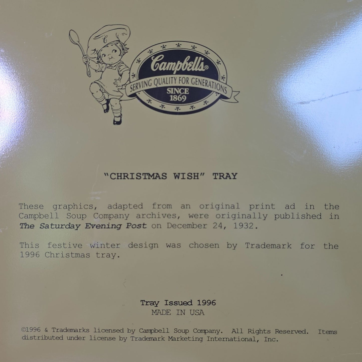 Vintage 1996 Campbells Soup "Christmas Wish" Metal Tray