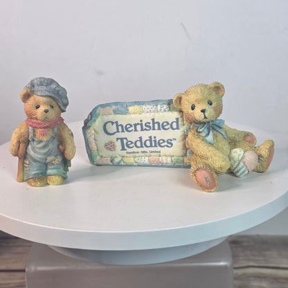 Vintage 1991 Cherished Teddies Figurine Set Featuring Tiny Ted Bear & Friend With Heartwarming Details