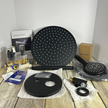 Gabrylly Wall Mounted Pressure Balanced Bath/Shower Faucet Set With Rainfall Showerhead & Handheld Sprayer In Matte Black Finish