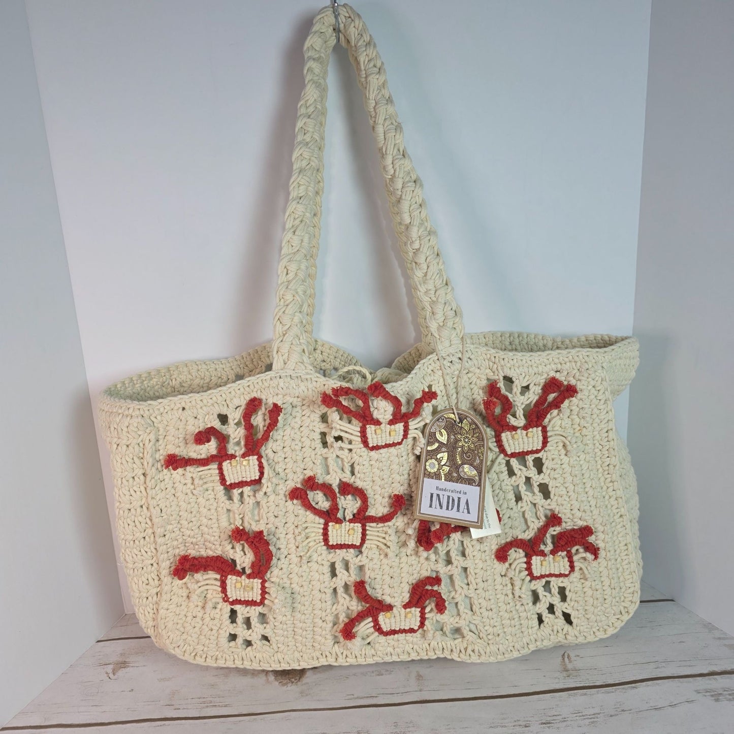 Handcrafted Crochet Tote Bag With Red & Beige Embroidery