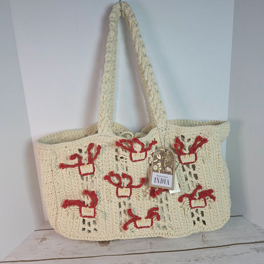 Handcrafted Crochet Tote Bag With Red & Beige Embroidery