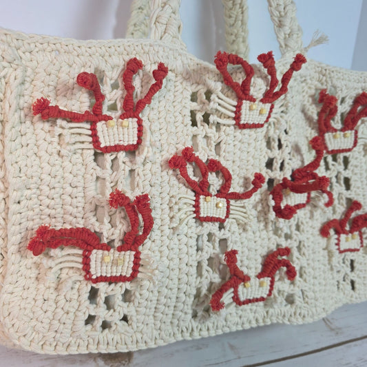 Handcrafted Crochet Tote Bag With Red & Beige Embroidery