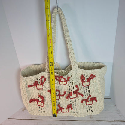 Handcrafted Crochet Tote Bag With Red & Beige Embroidery