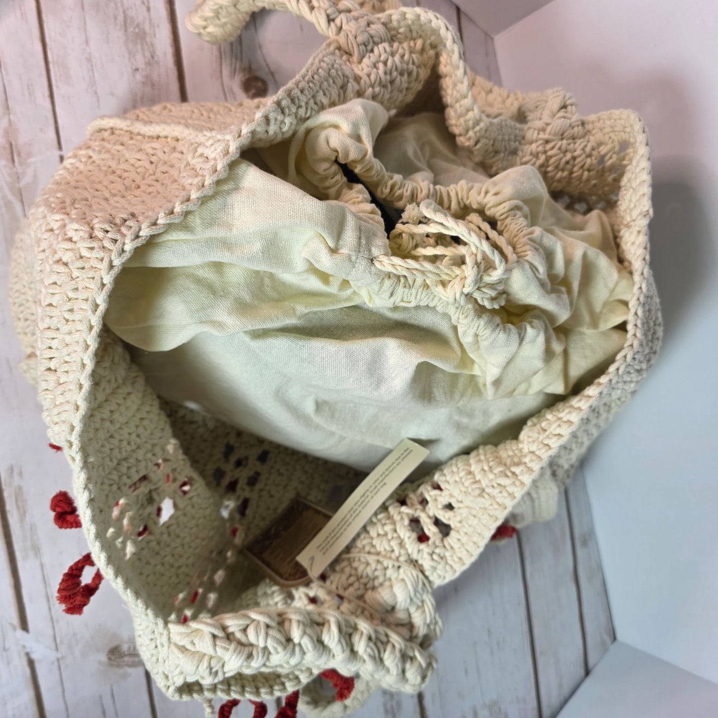 Handcrafted Crochet Tote Bag With Red & Beige Embroidery