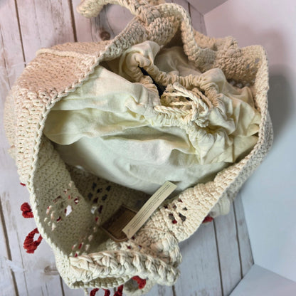 Handcrafted Crochet Tote Bag With Red & Beige Embroidery