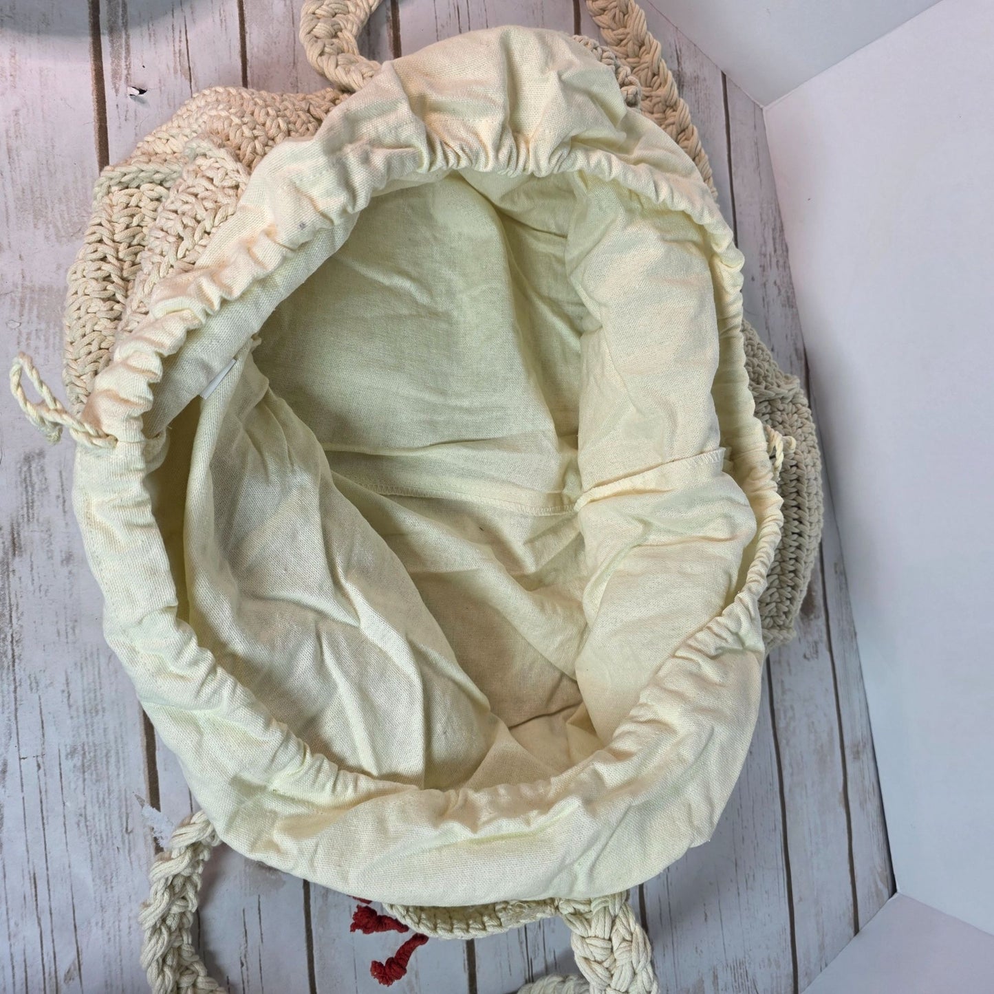 Handcrafted Crochet Tote Bag With Red & Beige Embroidery