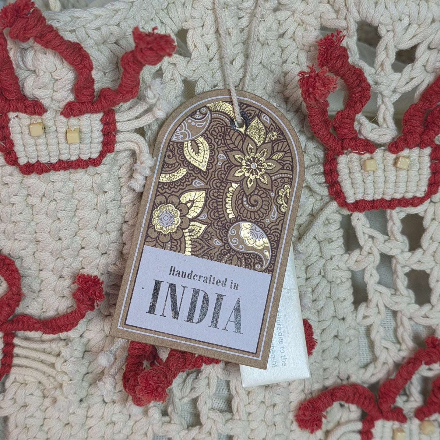 Handcrafted Crochet Tote Bag With Red & Beige Embroidery