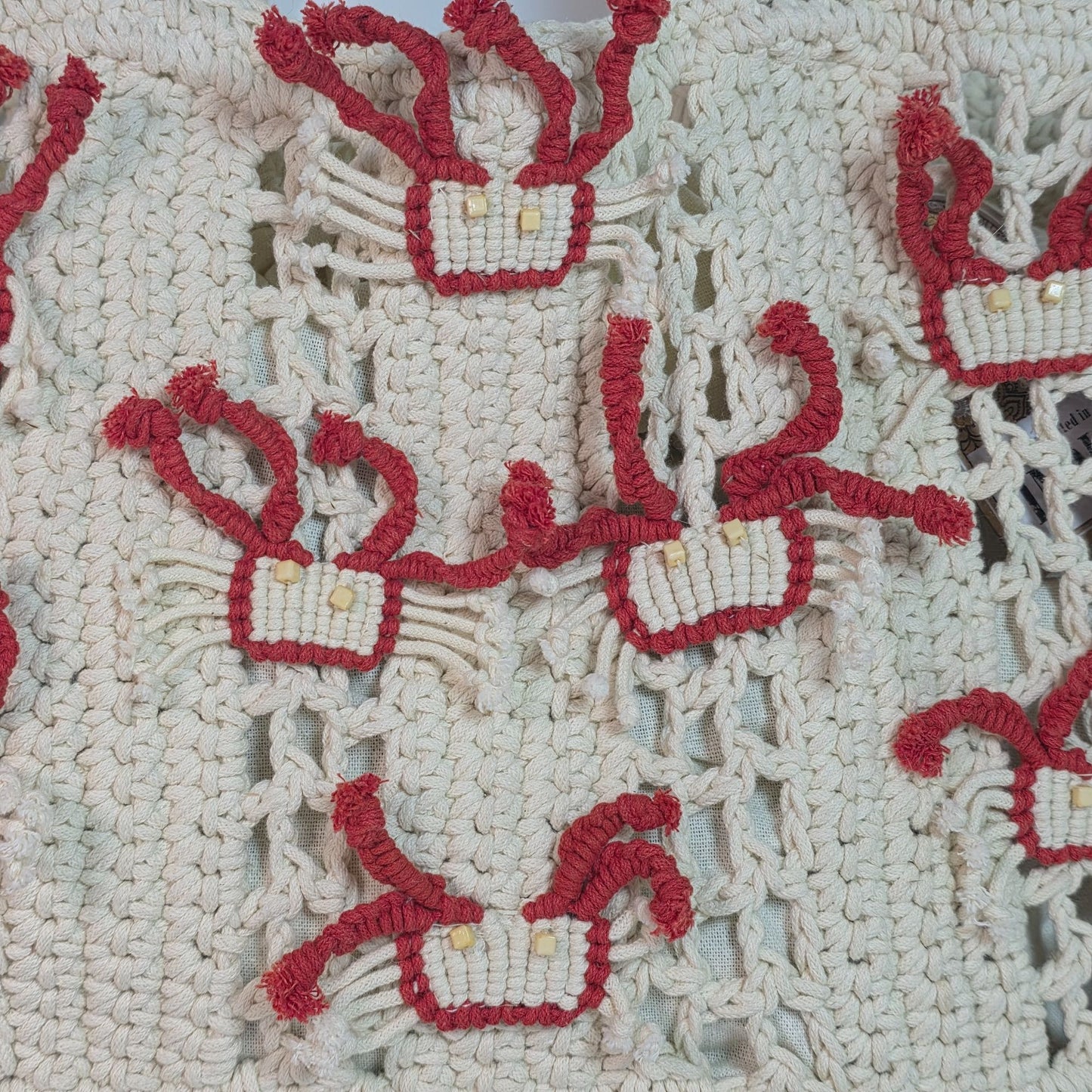 Handcrafted Crochet Tote Bag With Red & Beige Embroidery