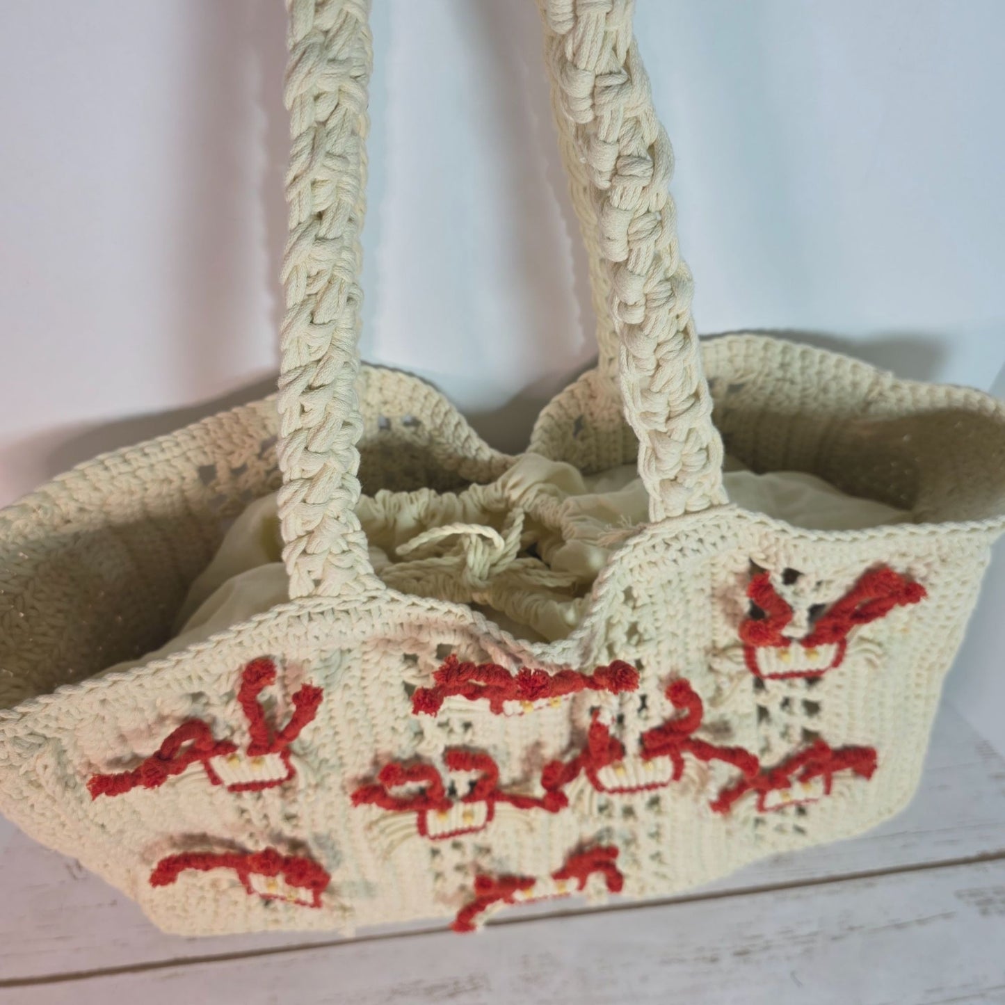 Handcrafted Crochet Tote Bag With Red & Beige Embroidery