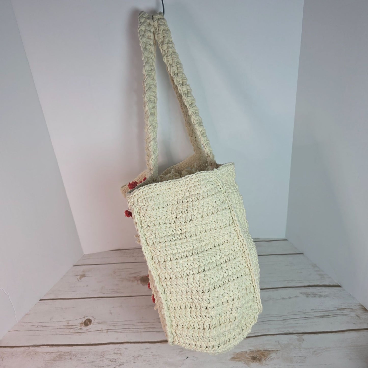 Handcrafted Crochet Tote Bag With Red & Beige Embroidery
