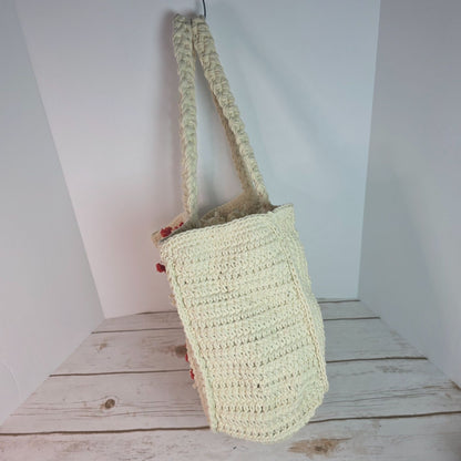 Handcrafted Crochet Tote Bag With Red & Beige Embroidery