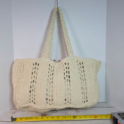 Handcrafted Crochet Tote Bag With Red & Beige Embroidery