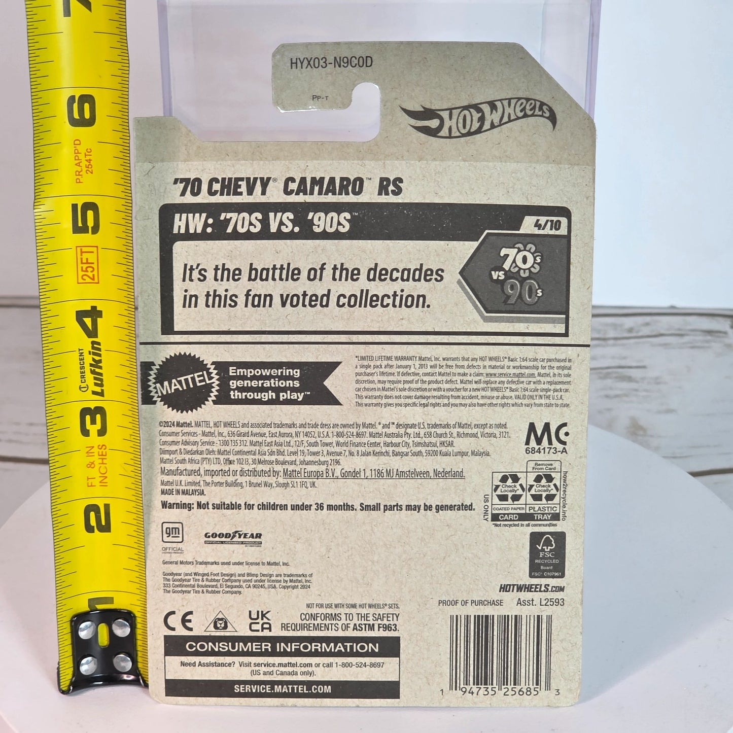 Hot Wheels 70 Chevy Camaro RS Die-Cast Car 53/250 Gold 70s Vs 90s Series Collectible Toy