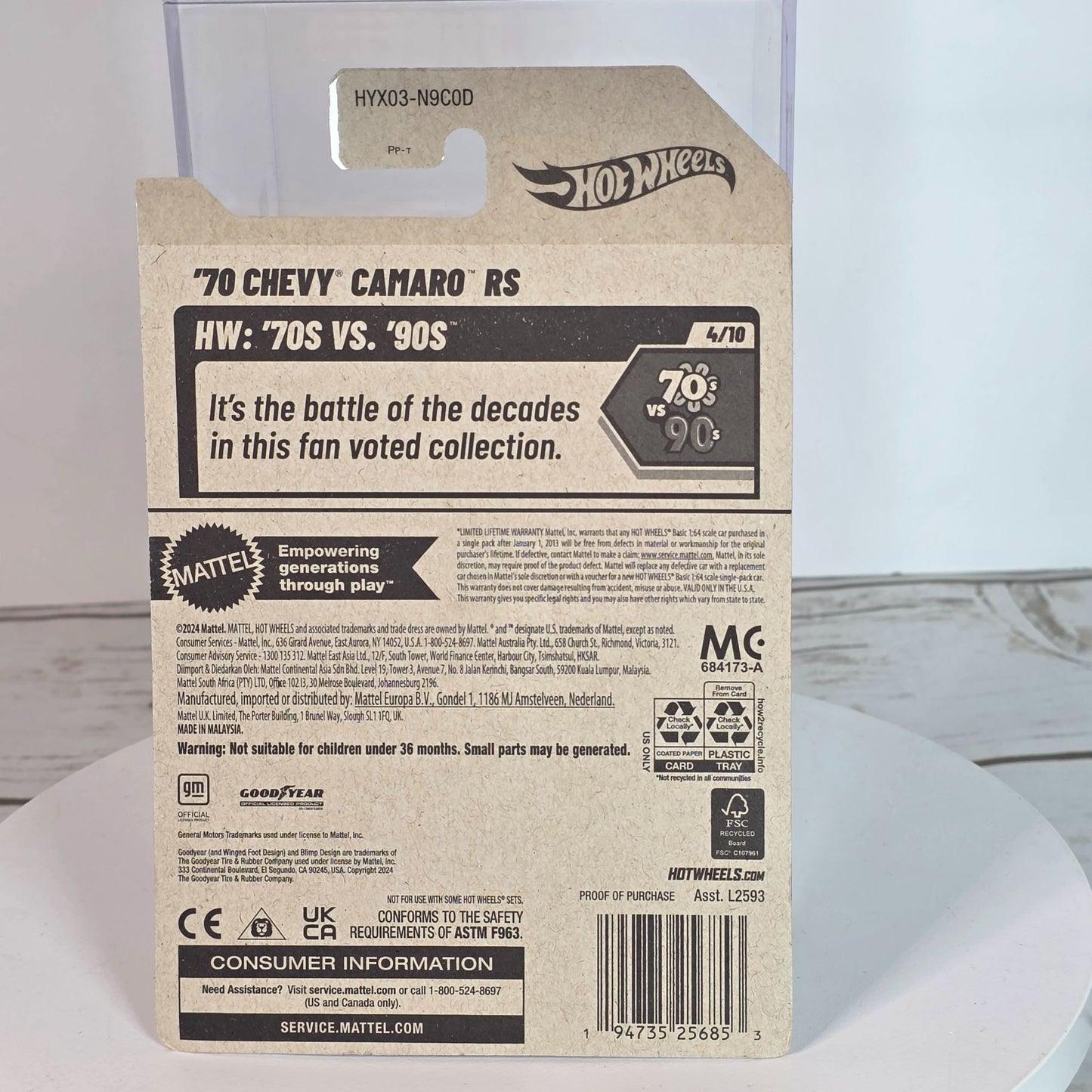 Hot Wheels 70 Chevy Camaro RS Die-Cast Car 53/250 Gold 70s Vs 90s Series Collectible Toy