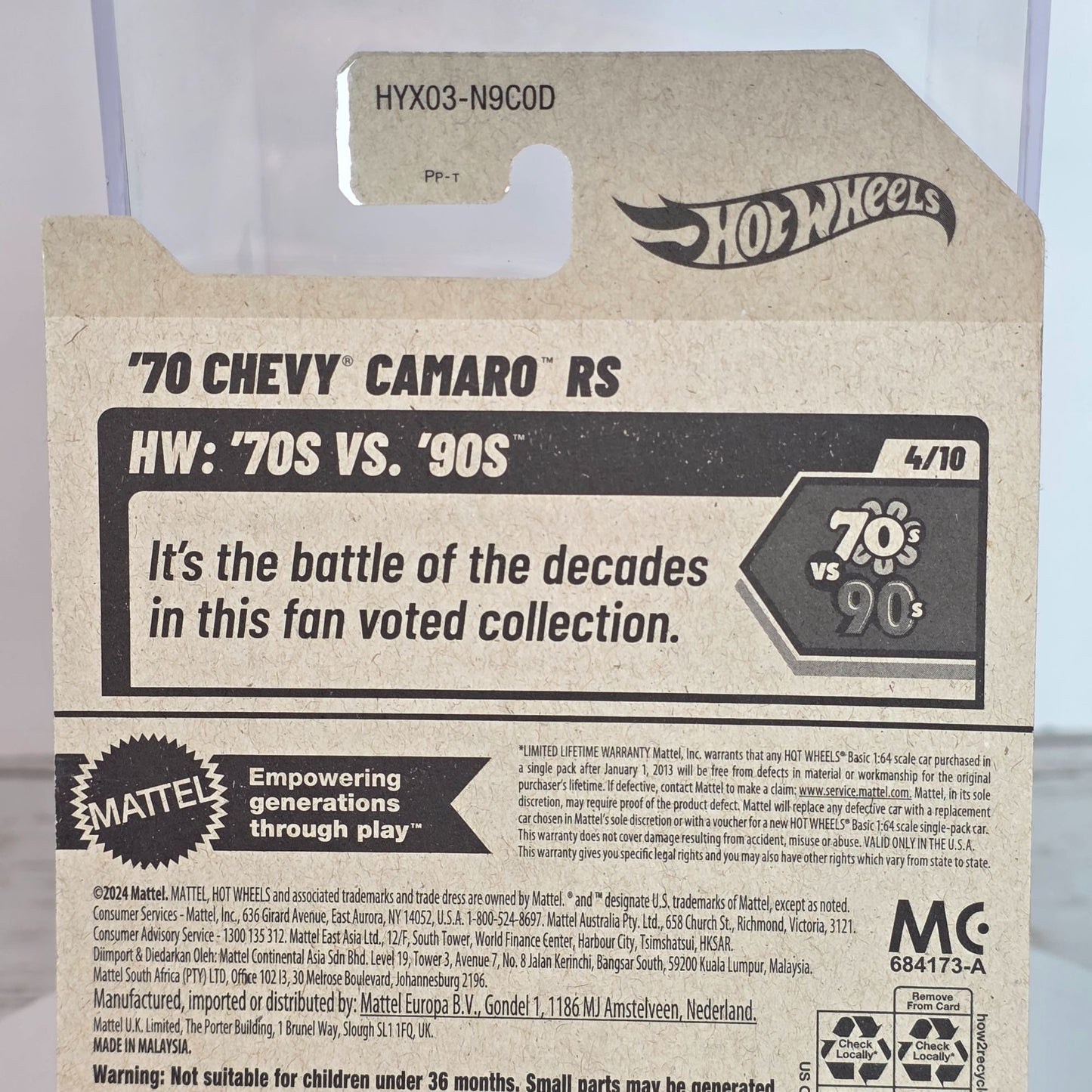 Hot Wheels 70 Chevy Camaro RS Die-Cast Car 53/250 Gold 70s Vs 90s Series Collectible Toy