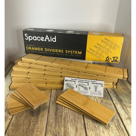 SpaceAid Bamboo Drawer Dividers System Adjustable 6 Dividers & 12 Inserts With Label Stickers