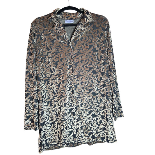 Diane Von Furstenberg Metallic Gold & Black Velvet Button-Up Long-Sleeve Shirt