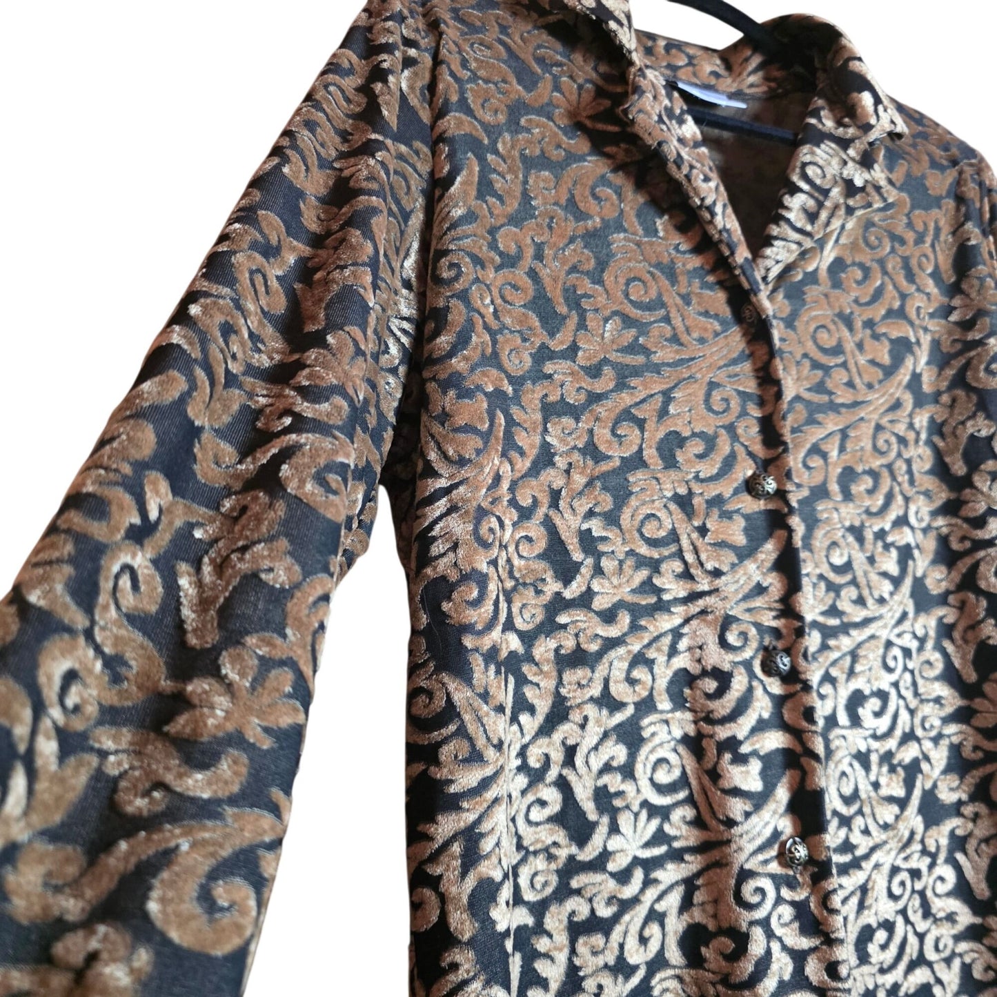 Diane Von Furstenberg Metallic Gold & Black Velvet Button-Up Long-Sleeve Shirt