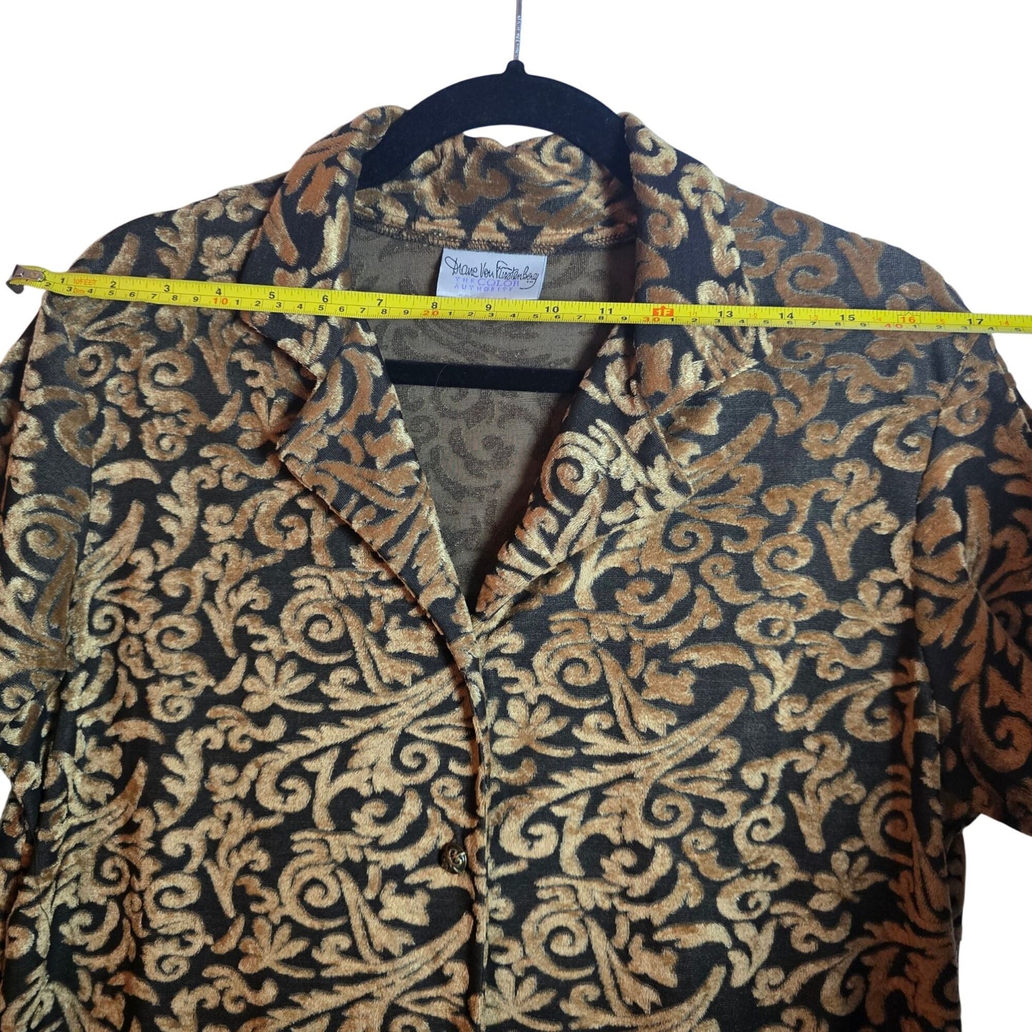 Diane Von Furstenberg Metallic Gold & Black Velvet Button-Up Long-Sleeve Shirt