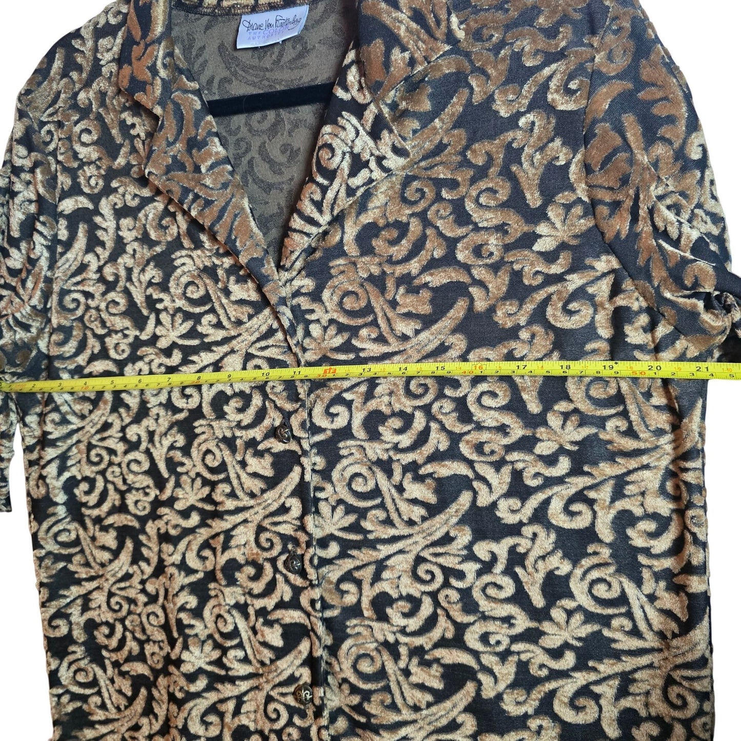 Diane Von Furstenberg Metallic Gold & Black Velvet Button-Up Long-Sleeve Shirt