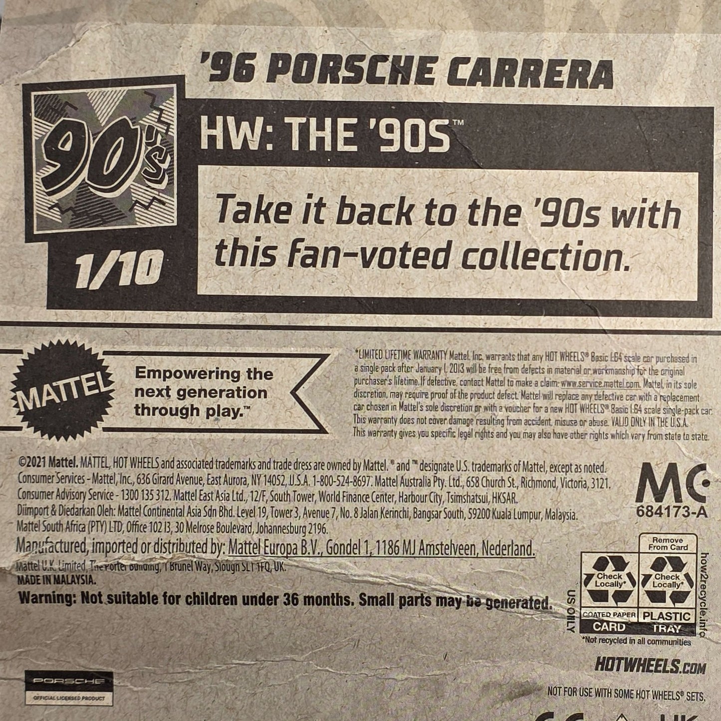 Hot Wheels 96 Porsche Carrera Die-Cast Car Model 1:64 Scale White/Blue/Yellow With Blue Rims Toy