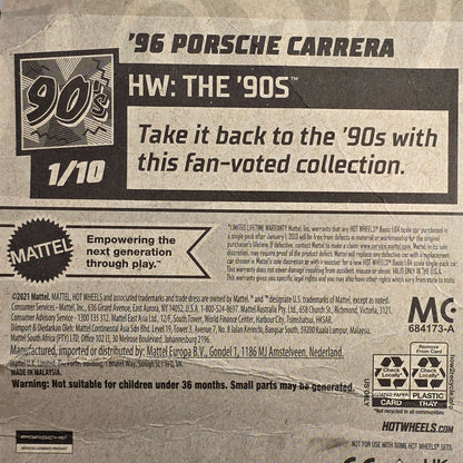 Hot Wheels 96 Porsche Carrera Die-Cast Car Model 1:64 Scale White/Blue/Yellow With Blue Rims Toy