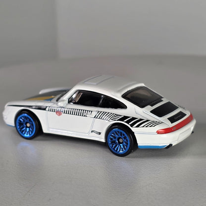 Hot Wheels 96 Porsche Carrera Die-Cast Car Model 1:64 Scale White/Blue/Yellow With Blue Rims Toy