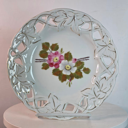 Vintage Porcelain Plate With Hand-Painted Floral Design Cutout Edge Detailing & Gold Accents 7 Inches Diameter