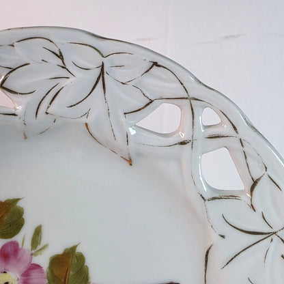 Vintage Porcelain Plate With Hand-Painted Floral Design Cutout Edge Detailing & Gold Accents 7 Inches Diameter