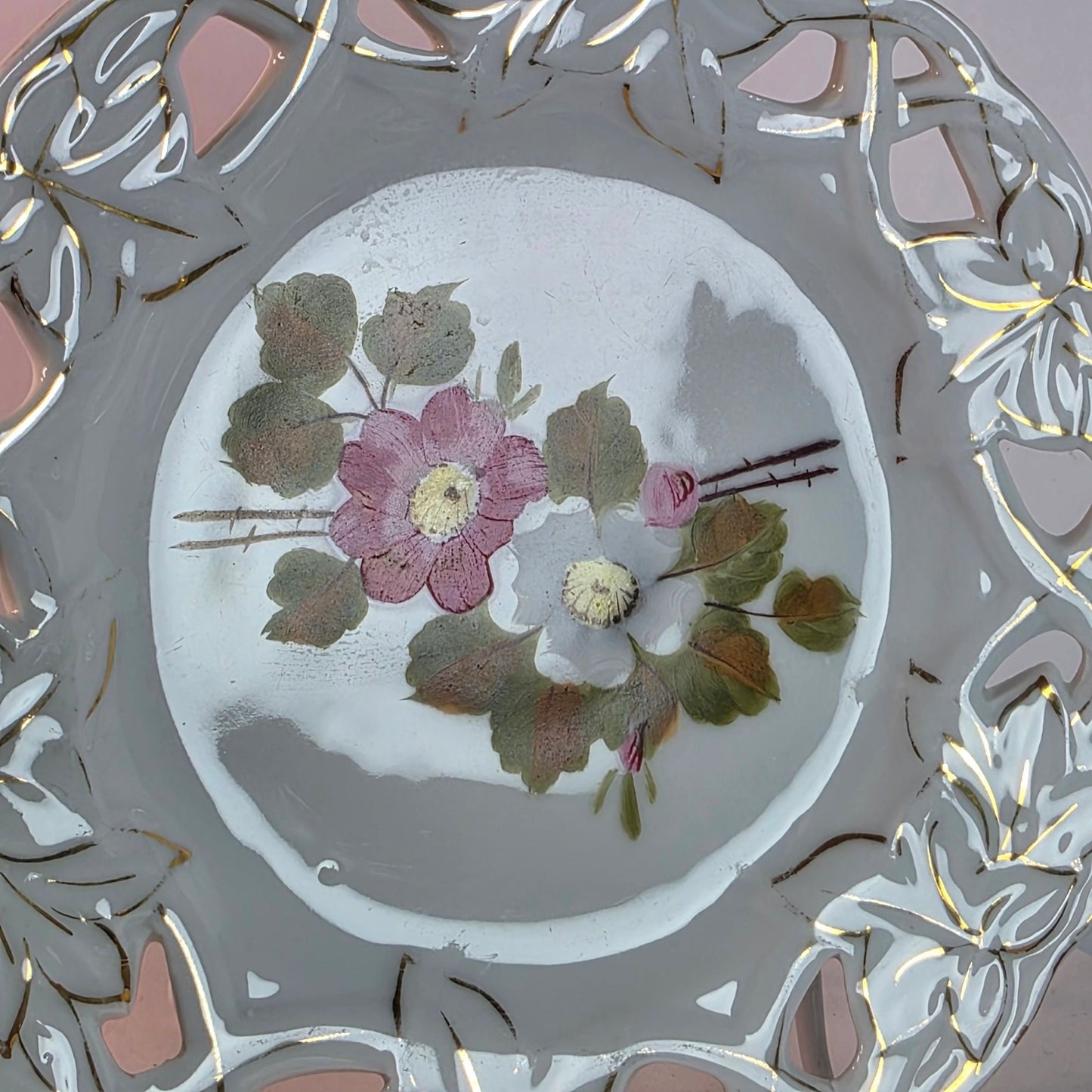 Vintage Porcelain Plate With Hand-Painted Floral Design Cutout Edge Detailing & Gold Accents 7 Inches Diameter