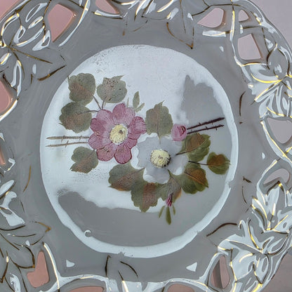 Vintage Porcelain Plate With Hand-Painted Floral Design Cutout Edge Detailing & Gold Accents 7 Inches Diameter