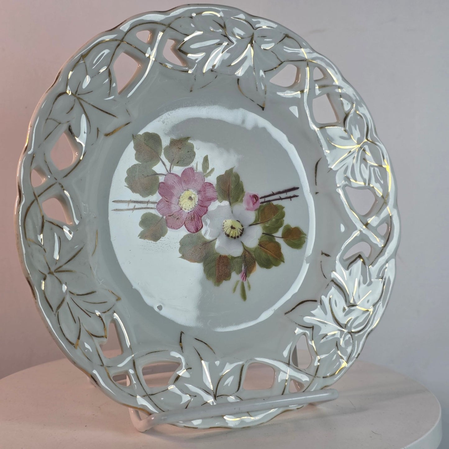 Vintage Porcelain Plate With Hand-Painted Floral Design Cutout Edge Detailing & Gold Accents 7 Inches Diameter