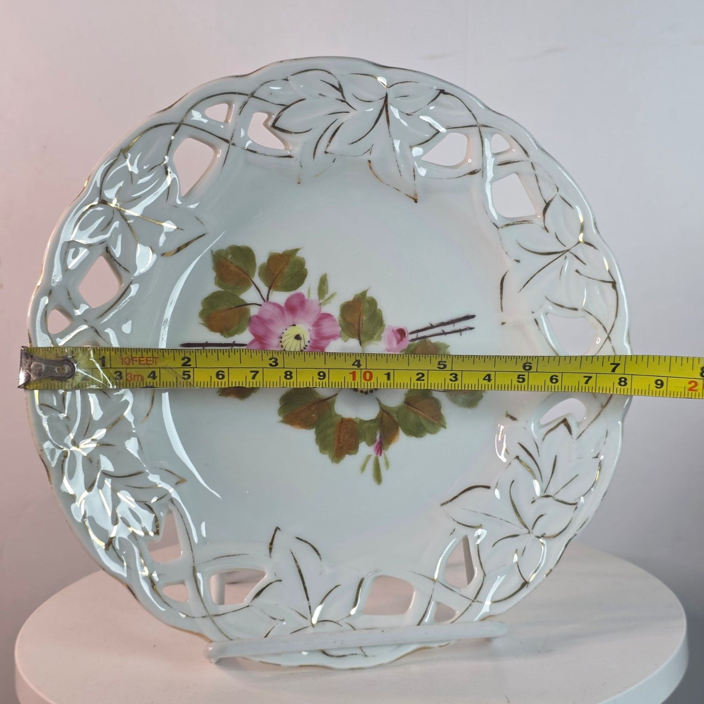 Vintage Porcelain Plate With Hand-Painted Floral Design Cutout Edge Detailing & Gold Accents 7 Inches Diameter