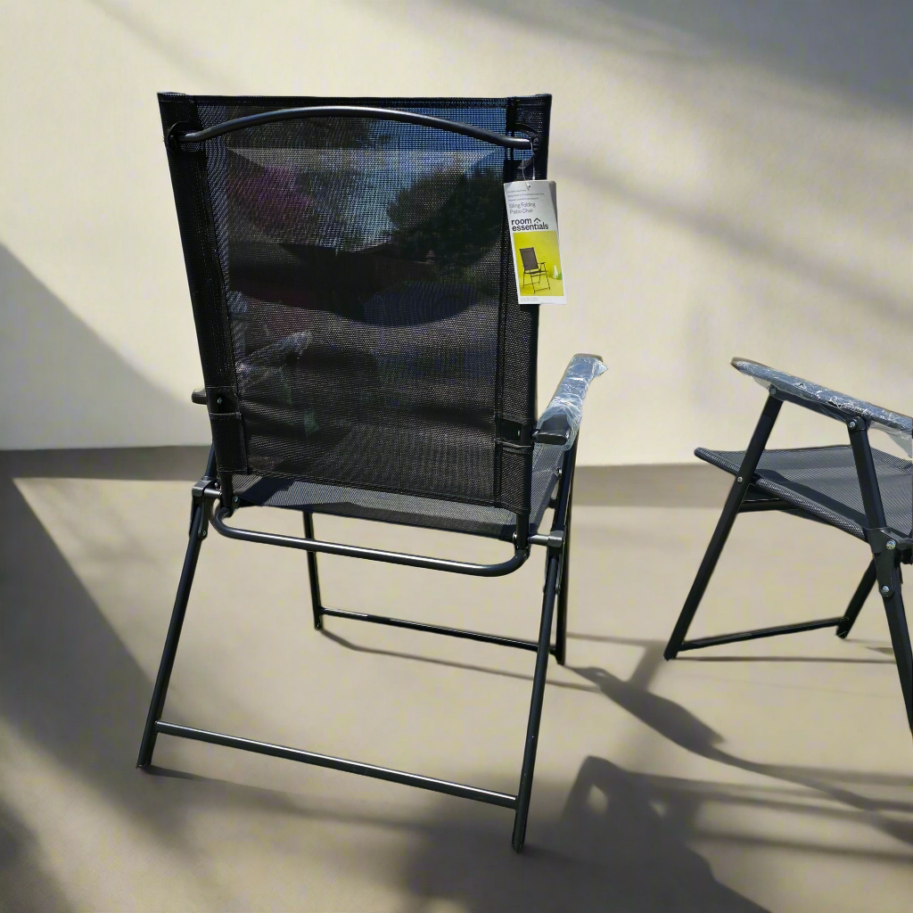 Set of 2 NWT New Room Essentials Sling Folding Patio Chairs Black 37Hx22Wx23D