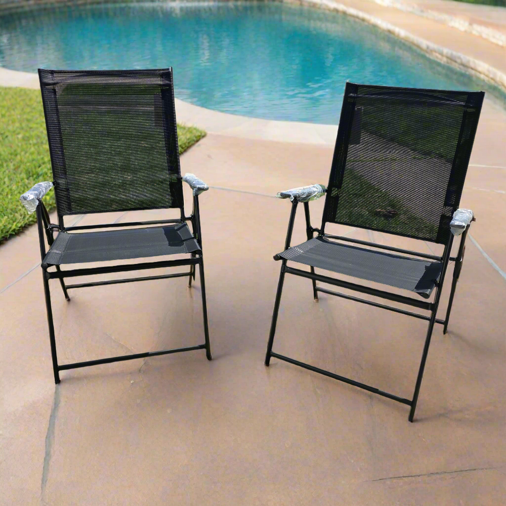 Set of 2 NWT New Room Essentials Sling Folding Patio Chairs Black 37Hx22Wx23D
