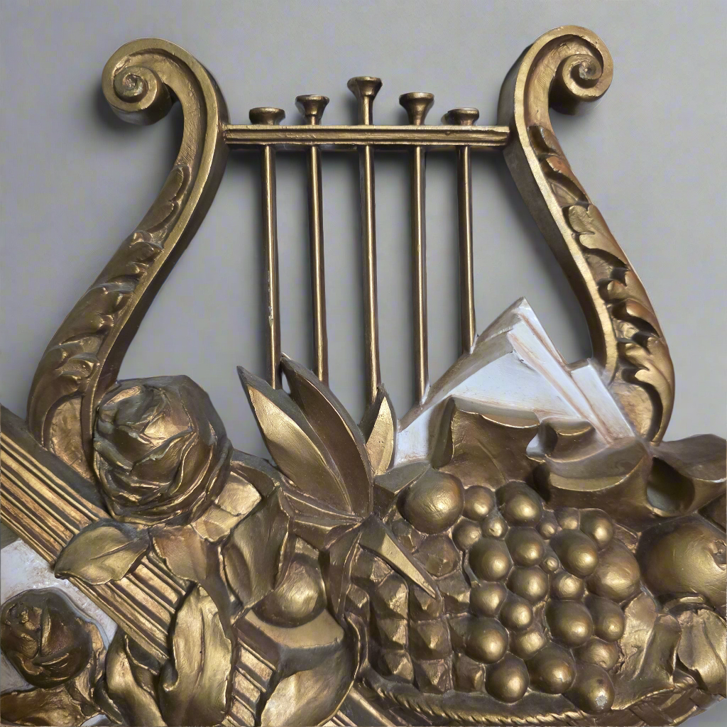 Vintage 1970s Syroco 3D Musical Wall Art Sculpture Hanging Plaque #7236 Lute Lyre Instruments Scroll