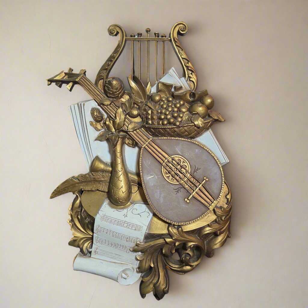 Vintage 1970s Syroco 3D Musical Wall Art Sculpture Hanging Plaque #7236 Lute Lyre Instruments Scroll