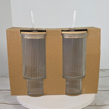 2 Pack Ribbed Clear Glass Tumblers With Bamboo Lids & Reusable Straws 11 Oz