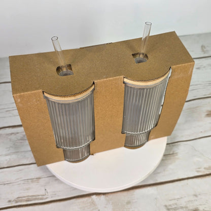 2 Pack Ribbed Clear Glass Tumblers With Bamboo Lids & Reusable Straws 11 Oz