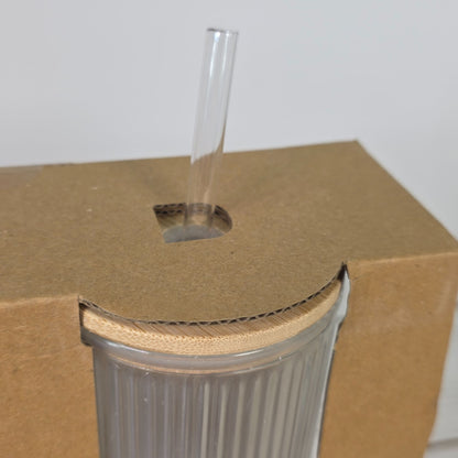 2 Pack Ribbed Clear Glass Tumblers With Bamboo Lids & Reusable Straws 11 Oz
