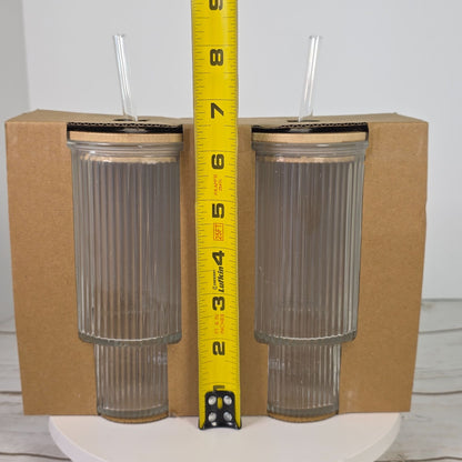 2 Pack Ribbed Clear Glass Tumblers With Bamboo Lids & Reusable Straws 11 Oz