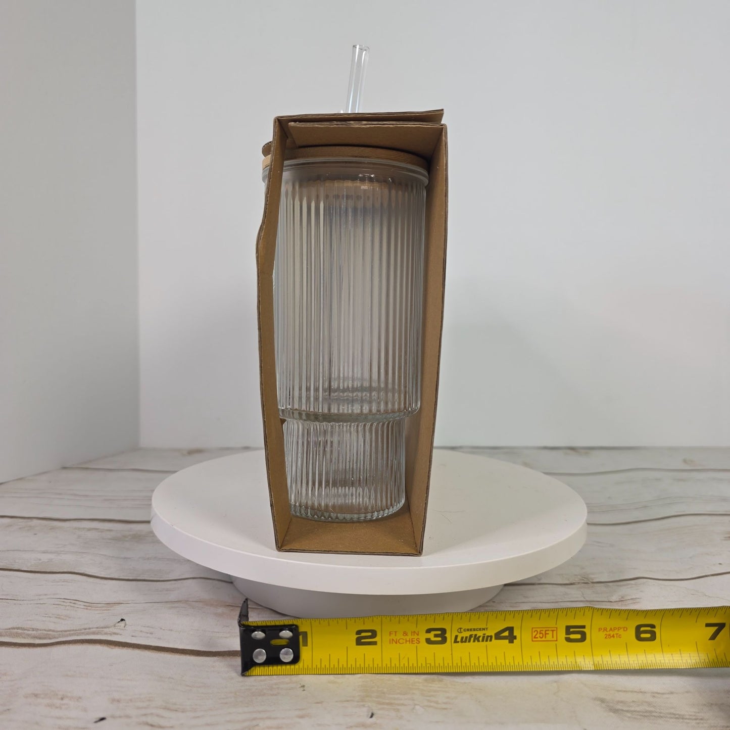 2 Pack Ribbed Clear Glass Tumblers With Bamboo Lids & Reusable Straws 11 Oz