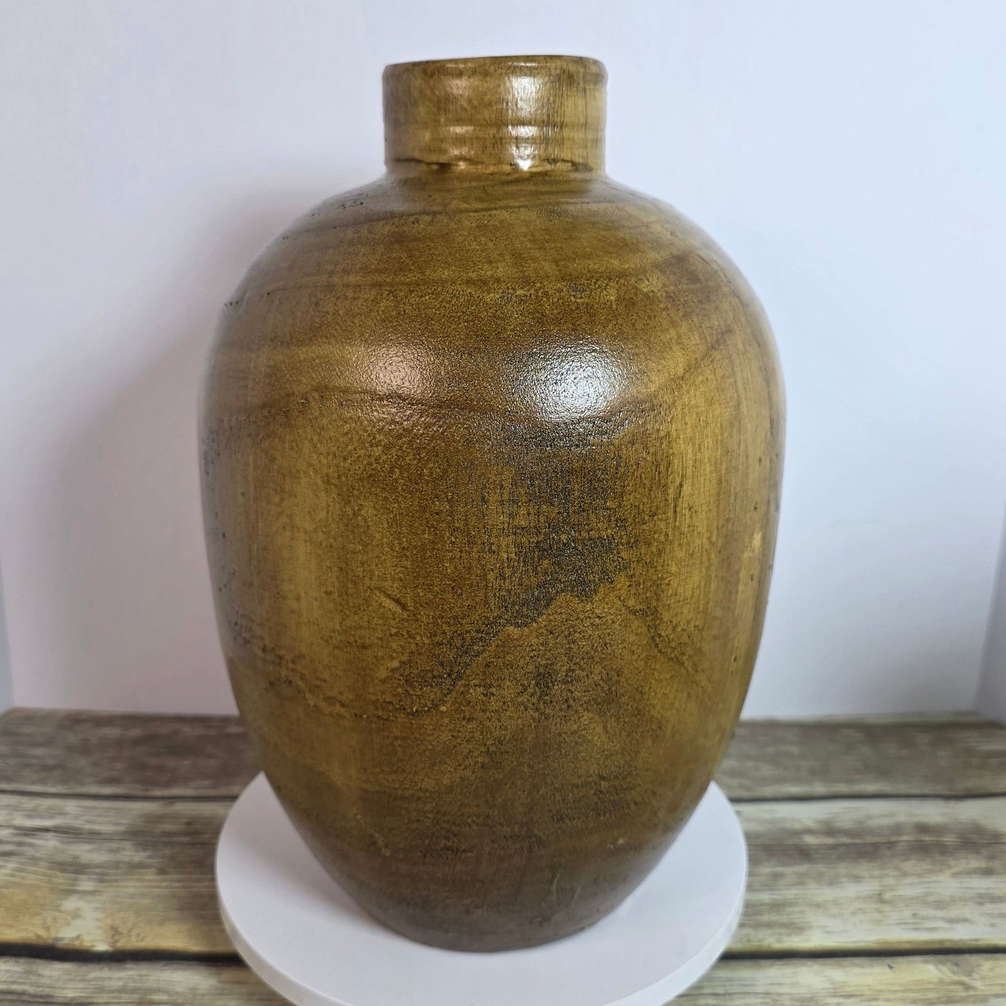 Large 12 Inch Decorative Wood Vase Rustic Farmhouse Accent Gold & Brown Tones