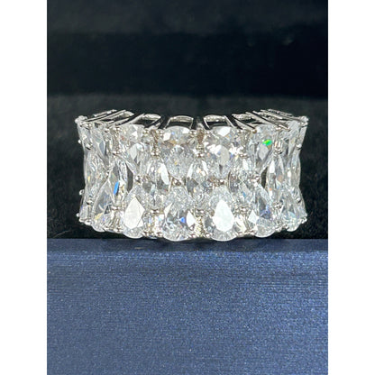 Exquisite 925 Sterling Silver Wide Band Ring With Teardrop & Marquise Cut Cubic Zirconia Stones