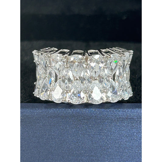 Exquisite 925 Sterling Silver Wide Band Ring With Teardrop & Marquise Cut Cubic Zirconia Stones