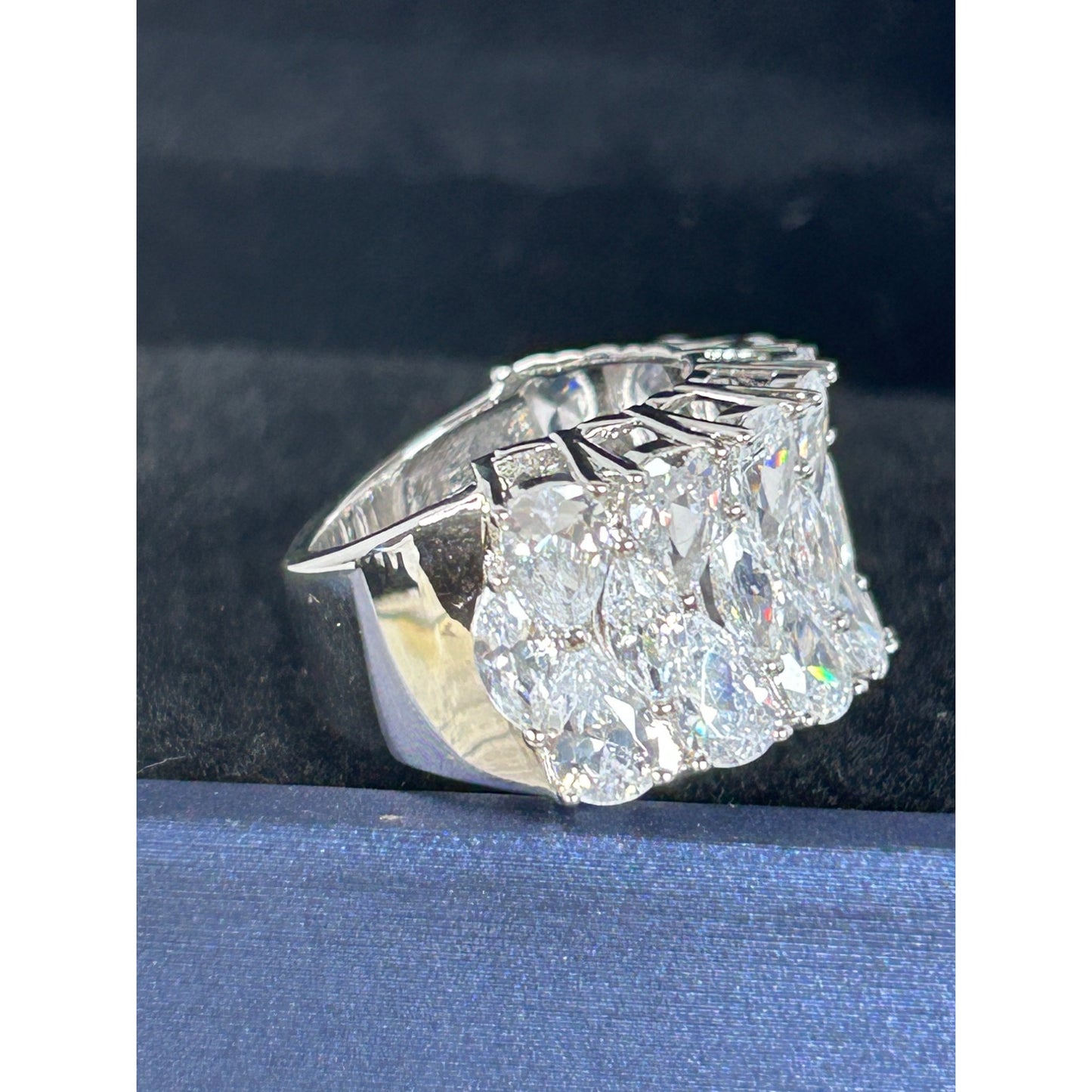 Exquisite 925 Sterling Silver Wide Band Ring With Teardrop & Marquise Cut Cubic Zirconia Stones