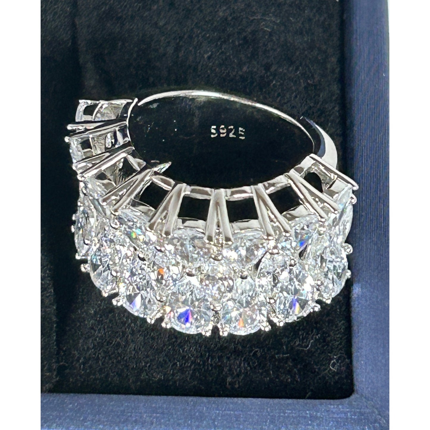 Exquisite 925 Sterling Silver Wide Band Ring With Teardrop & Marquise Cut Cubic Zirconia Stones